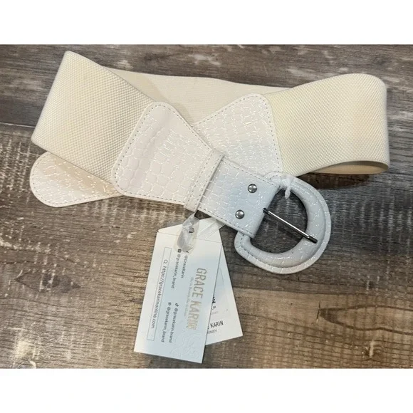 NWT Grace Karin White Wide Stretch Belt Patent Croc Buckle Retro Pin Up