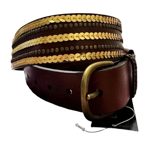 Express Brown Leather Belt Gold Sequins Bronze Studded Vintage NEW Size Small