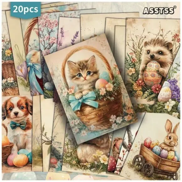 NWT 20pc Vintage Easter Postcard Set Retro Animal Craft Scrapbook Junk Journal