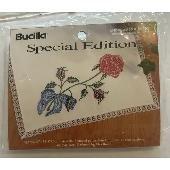 Vtg 1997‎ Bucilla Rose Dresser Scarf 64704 Stamped Embroidery Kit 14