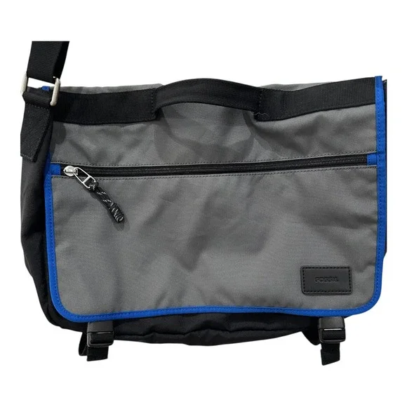 Fossil Travis Gray Black Messenger Bag w Blue Trim Shoulder Bags Work‎ School