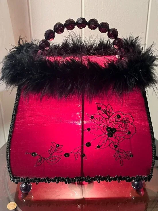 Cute Table Top Purse Lamp - Works Red, Black Feathers, Black Beaded Handle
