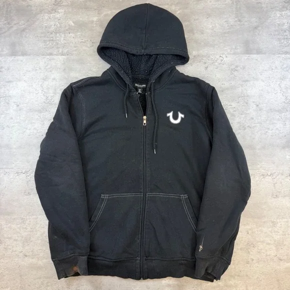 True Religion Mens Buddha Graphic Sherpa Hood Zip Hoodie Black Medium