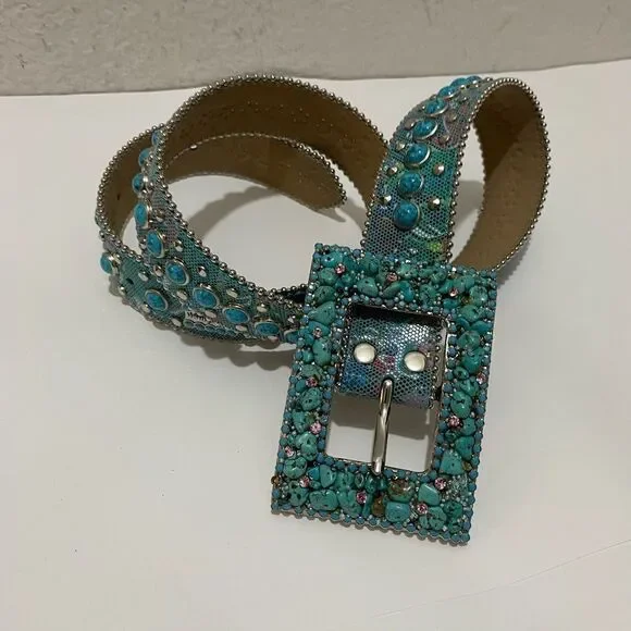 b.b. Simon Swarovski Rhinestone Embellished Blue Leather Belt With Studs L