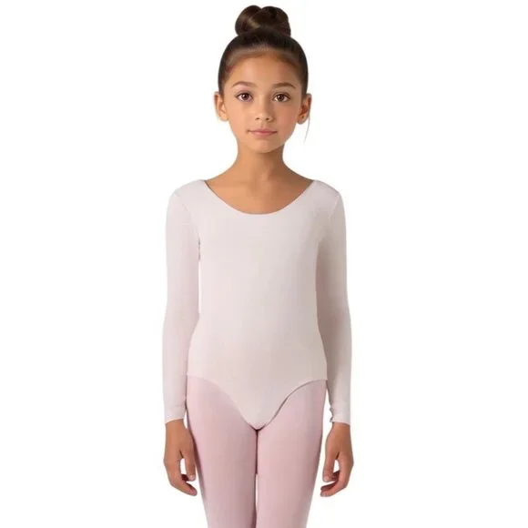 Kids Scoop Neck Long Sleeve Leotard Bodysuit Theatrical Pink Size L Class Stage