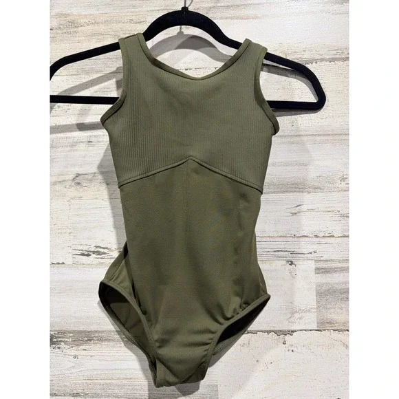 Danz N Motion Leotard Girls 12-14 Olive Green Ribbed Dancewear EUC