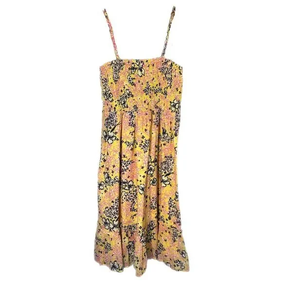 Lilly Pulitzer Girls Yellow Floral Tie Straps Smocked Bodice Dress Size Small