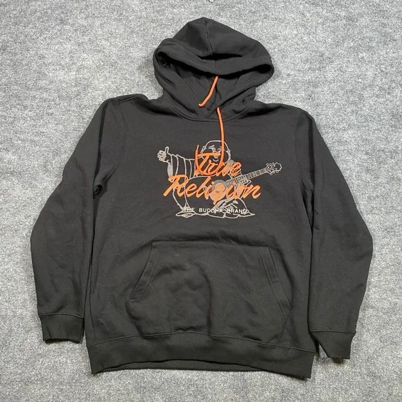 True Religion Mens Buddha Brand Logo Hoodie Black Orange Graphic XL Pullover