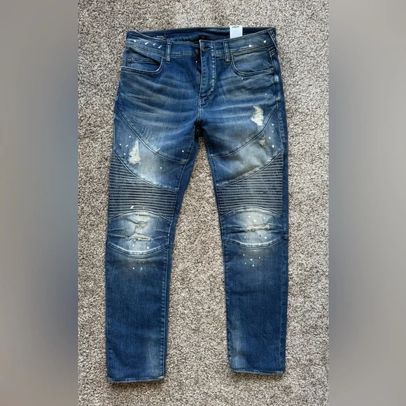 True Religion Distressed Blue Biker Jeans with Paint Splatter