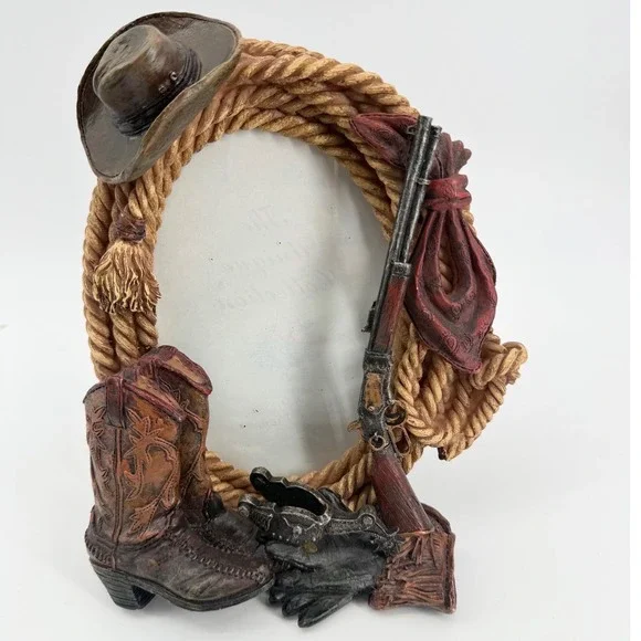 Western Cowboy Country Picture Frame Unisex OS Brown Rope Boots Hat Rifle 3D