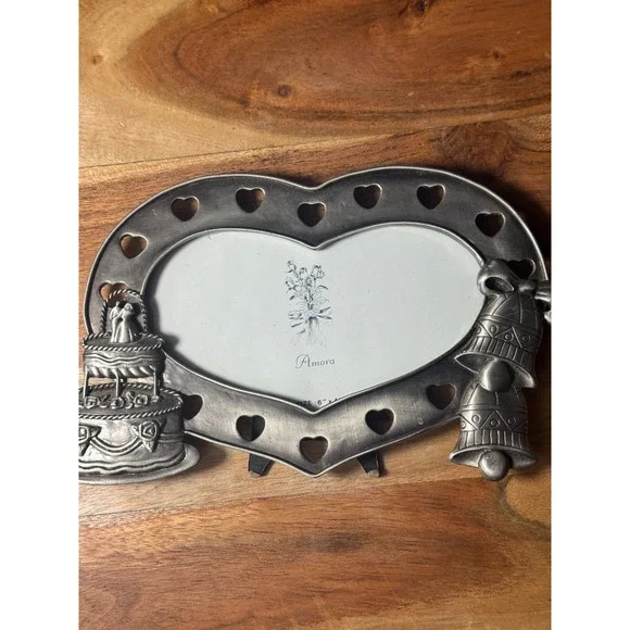 Amora Wedding Heart Picture Frame 6x4 Silver Pewter Cake and Bells Decor