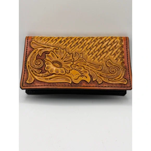 Brand New Hand Tooled Leather Checkbook Cover/ Wallet basket weave floral