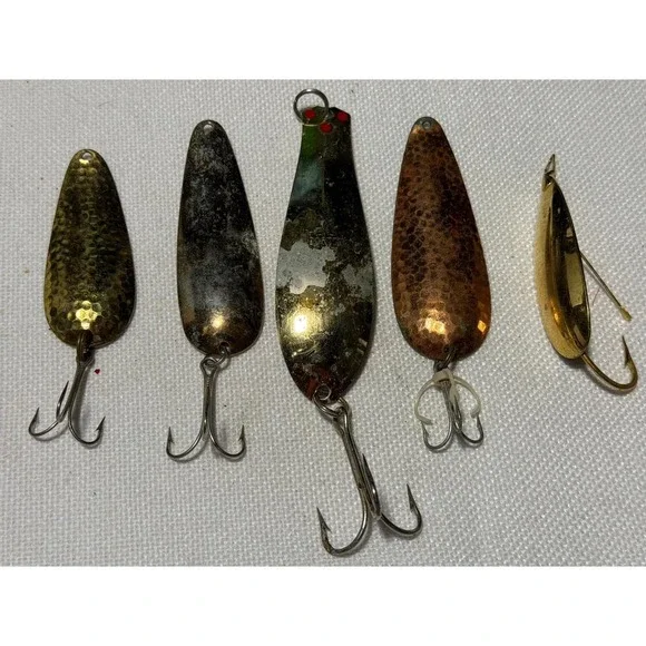 Vintage Nebco Flash Bait Johnson Silver Minnow Fishing Spoon Lure Lot 5pc Brass