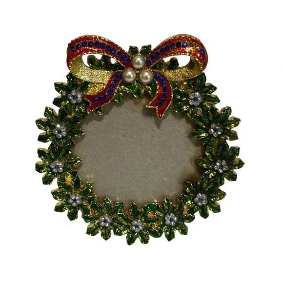 Christmas Wreath Picture Frame Enameled Rhinestone Pearl Holly Gold Tone 4.5in