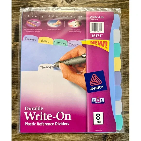 Avery Plastic Reference Dividers 8 Tab Multicolor Write-On Erasable 16171