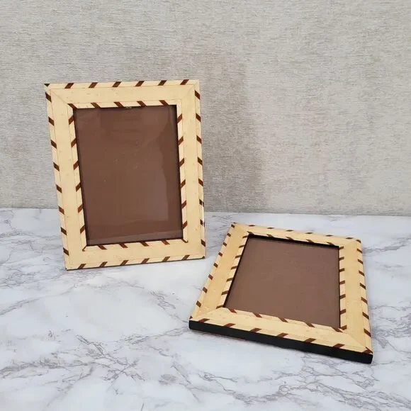 Natalini Italian 5×7 Striped Wooden Picture Photo Frame - Brown and Cream Wood