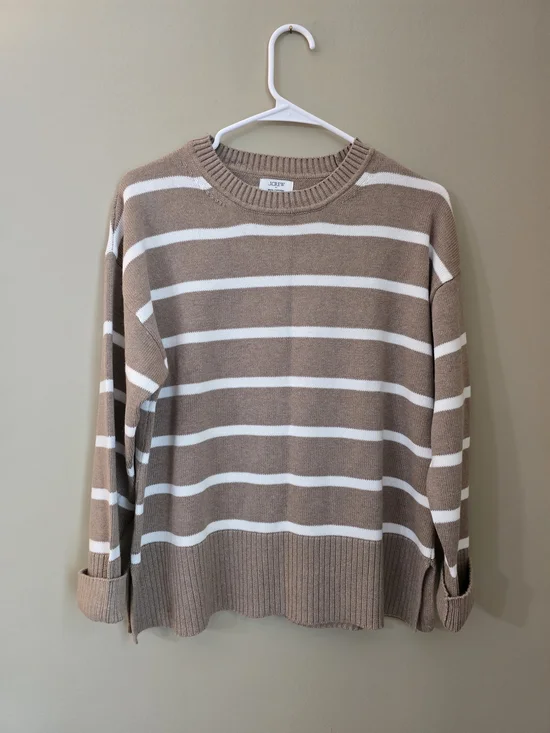 J.Crew Women Cotton Striped Crewneck Sweater in Beige and White Size S