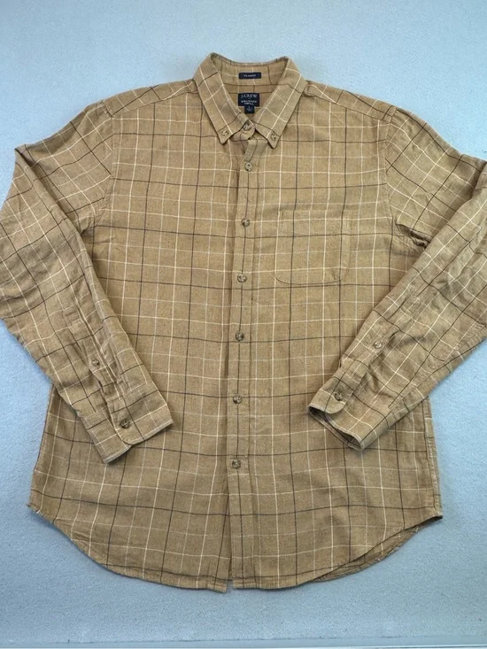 J. Crew Men’s Camel Brushed Twill Plaid Button-Down Shirt, Large