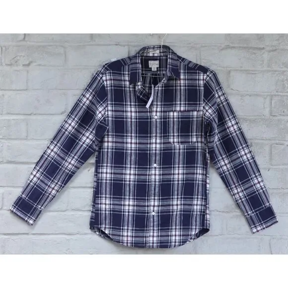 J.CREW Plaid Flannel Long Sleeve Button Down Shirt Navy Burgundy Size XS