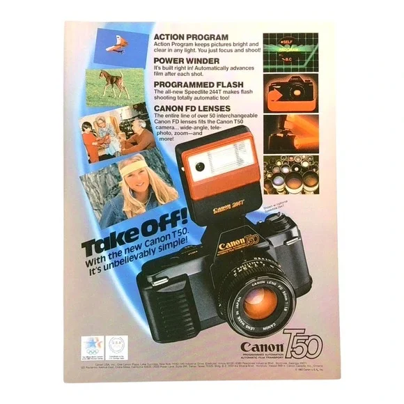 1983 Canon T50 Camera Vintage Print Ad -‎ Action Program Power Winder Flash