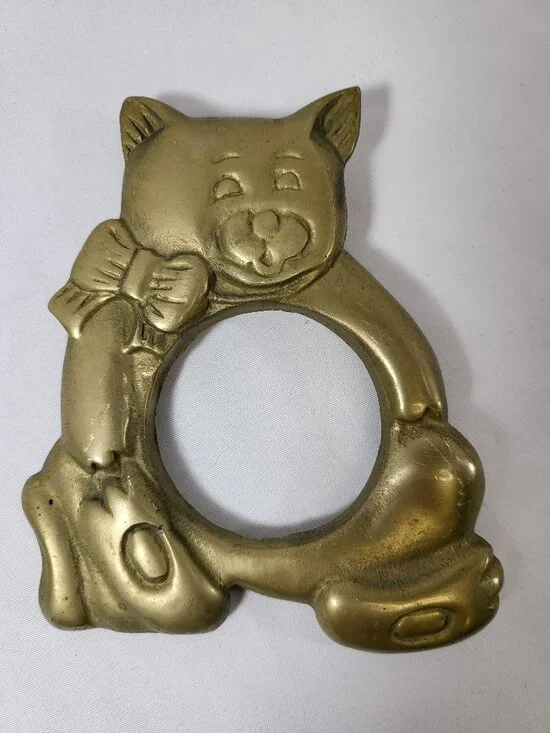 Mini Brass Cat Photo Frame Salvage - Vintage Cottagecore Brass Animal Frame
