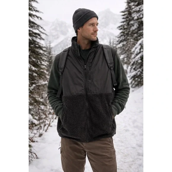 J.‎ Crew Authentic Fleece Vest Mens Size L Black Full Zip Sherpa Puffer Collar