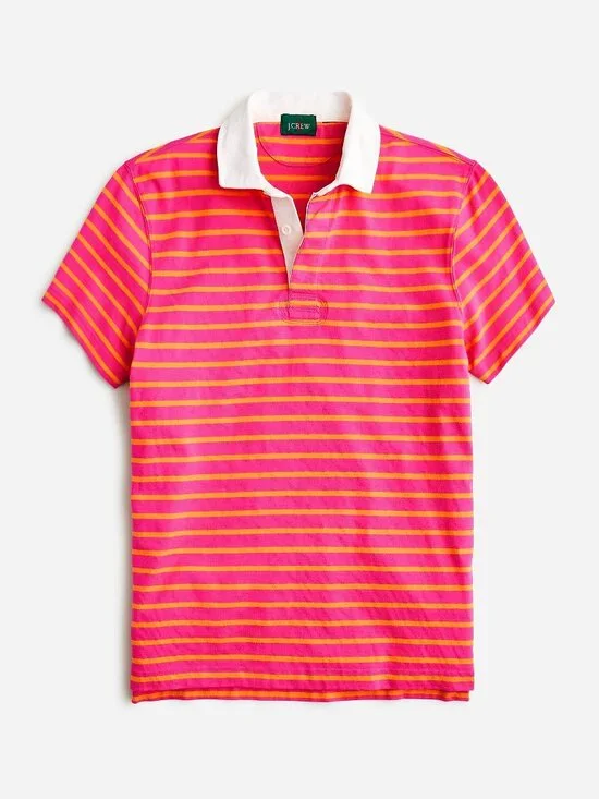 NWT J. Crew Mens Size Large Pink Gold Short Sleeve Rugby Shirt in Stripe NEW