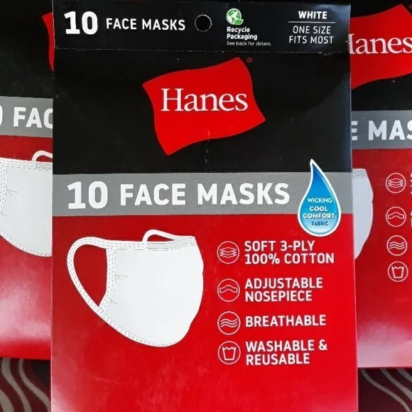 Hanes 10 Pack White Face Masks 100% Cotton‎ 3-Ply Adjustable Breathable Reusable