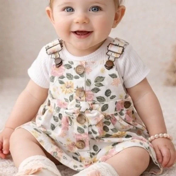 Little Lass Girls Size‎ 12M Floral Print Overall Denim Dress Pink Yellow White