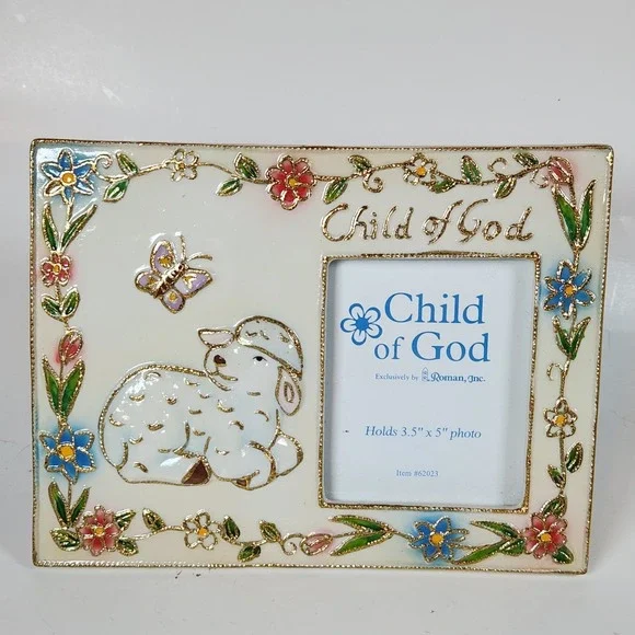 Enamel Child Of‎ God Picture Frame Floral Lamb  3.5x5 Photo Baby Nursery Retro