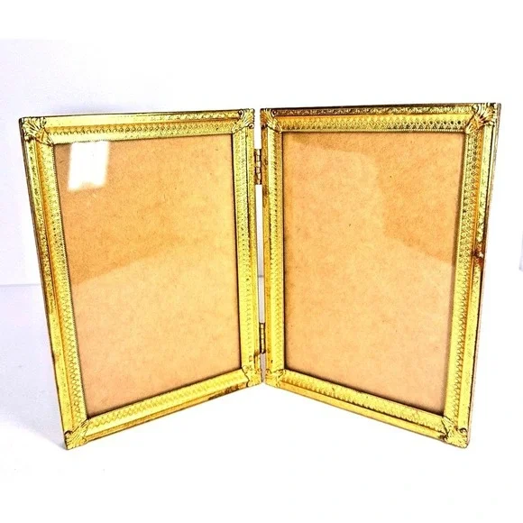 Vintage Brass Double Picture Frame 5x7‎ Hinged Folding Gold Ornate Frame