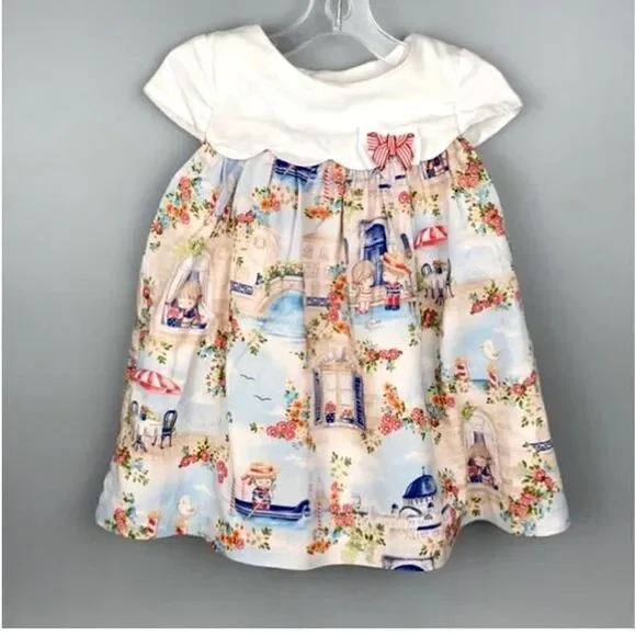 Mayoral Nautical Landscape Baby Dress Cotton Cap Sleeves Button Down Closure 12m