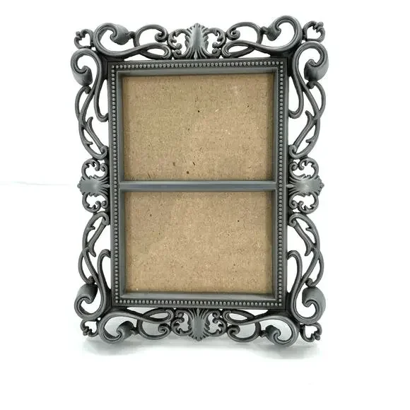 Double Photo Frame, Metal, Pewter Color, Ornate Scroll, 2 1/4” X 3 1/4” Ea. Side