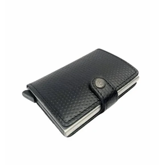 Vertue black & silver popup card button wallet with leather outer case