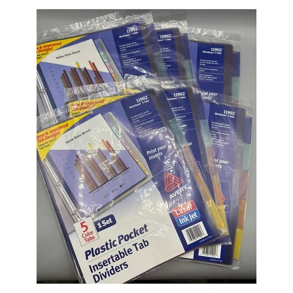 Avery 11902‎ WorkSaver Plastic Pocket Insertable Tab Dividers 5-Tab 6 Sets New