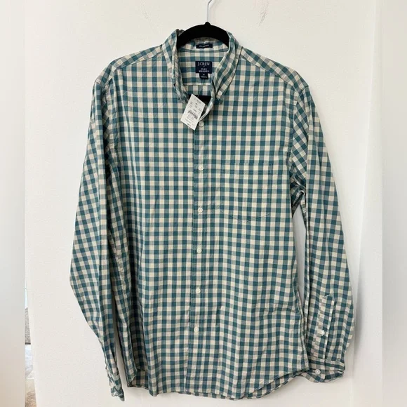 J. Crew Men’s Teal and White Gingham Button-Down Shirt