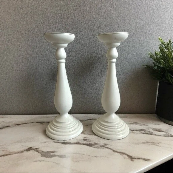 Set of 2 Tall White Wooden Candle Holders Modern Home Decor 14 Inch