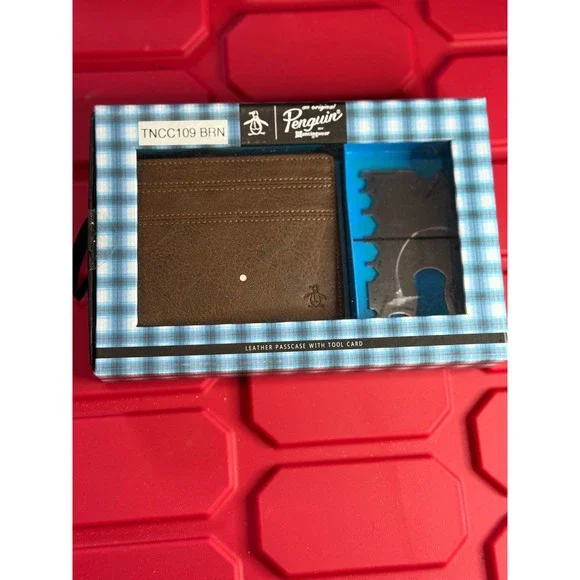 Original Penguin Mens Leather Passcase Wallet and Tool Card Gift Set TNCC109 BRN