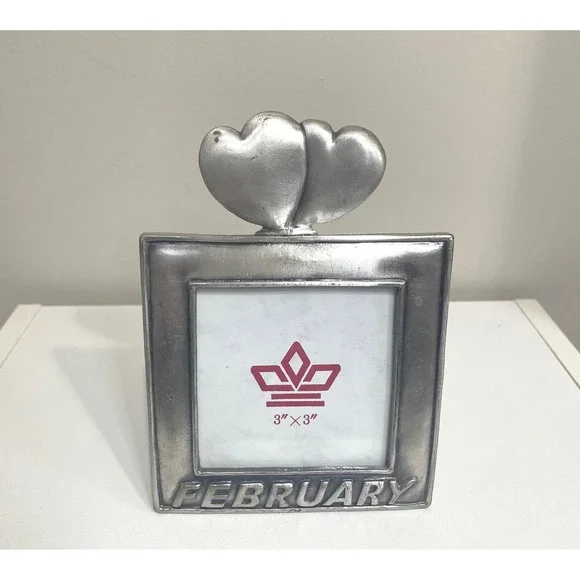 Brushed Silver Metal Double‎ Heart February Photo Frame Desk Display 3x3
