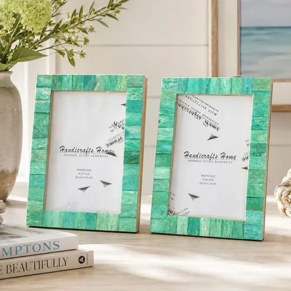 Set of 2 Aqua Blue Mosaic Tile 4×6 Photo Frames - Handmade Coastal Beach Decor