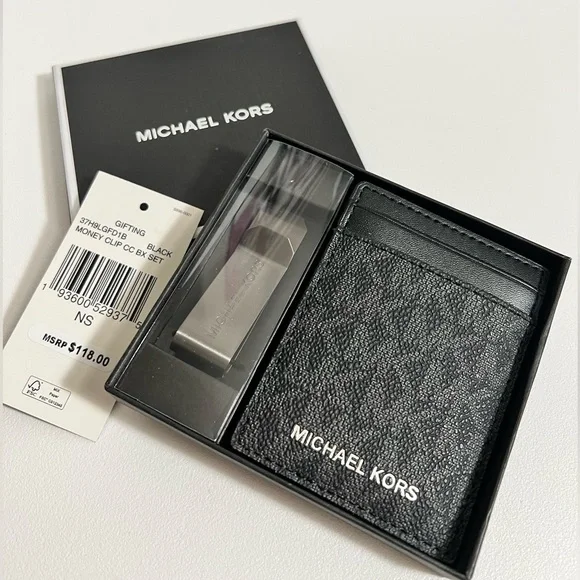 Michael Kors NIB $118 black Logo Card Case with Bill Clip Blue One Size