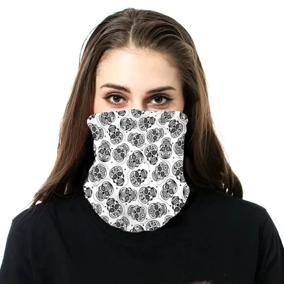 White Black Sugar Skull Neck Gaiter Face Mask