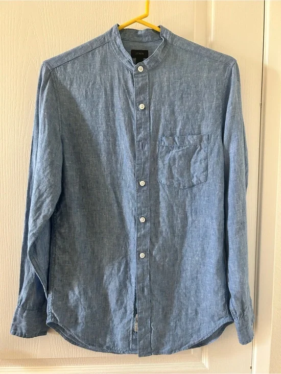 J.Crew Men's Linen Band Collar Button Down Shirt - Blue Size Small