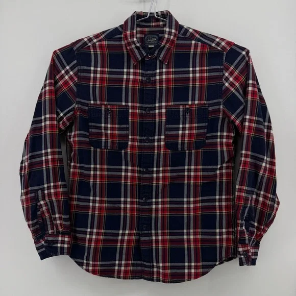 J. Crew Button Up Shirt Mens M Navy Red Plaid 100% Cotton Dual Pocket