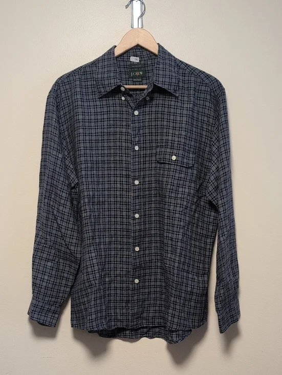 Vintage J.Crew Oarsman Irish Linen Shirt Blue Plaid Button Up Large