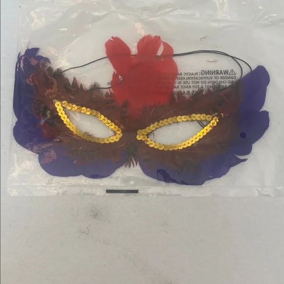 Feather Masquerade Mask purple red gold sequence, Halloween Mardi Gras cosplay