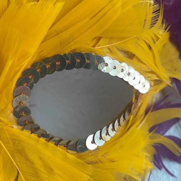 Feather mask sequins purple yellow Halloween costume Mardi Gras theater cosplay