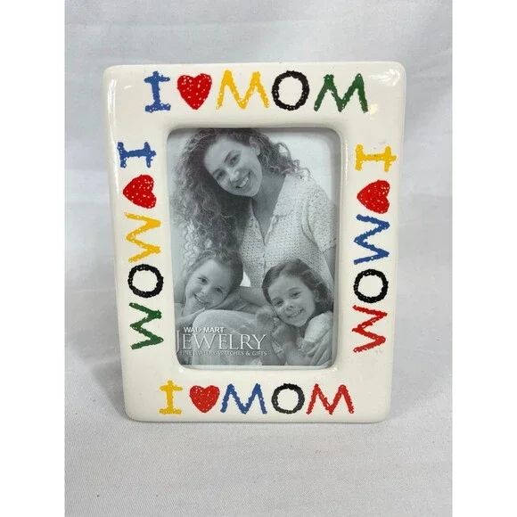 Vintage Ceramic I Love Mom Picture Frame Colorful Crayon Text
