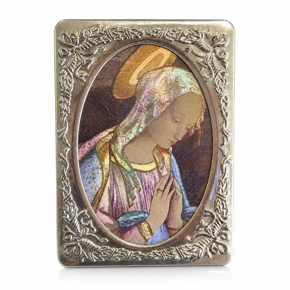 Vintage‎ Religious Mary Framed Art Iridescent Prismatic Silver Plated Ornate