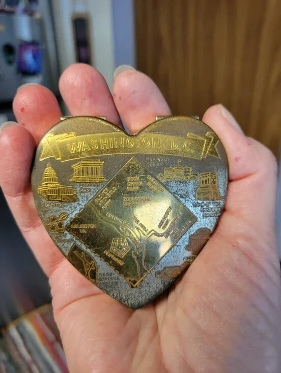 Vintage Washington D.C. Heart-shaped Souvenir Compact - Gold & Aged Silver